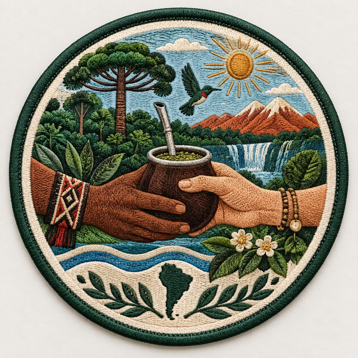Embroidered patch of two hands sharing a mate gourd, framed by a hummingbird, pine, waterfall, Andes and a map of South America